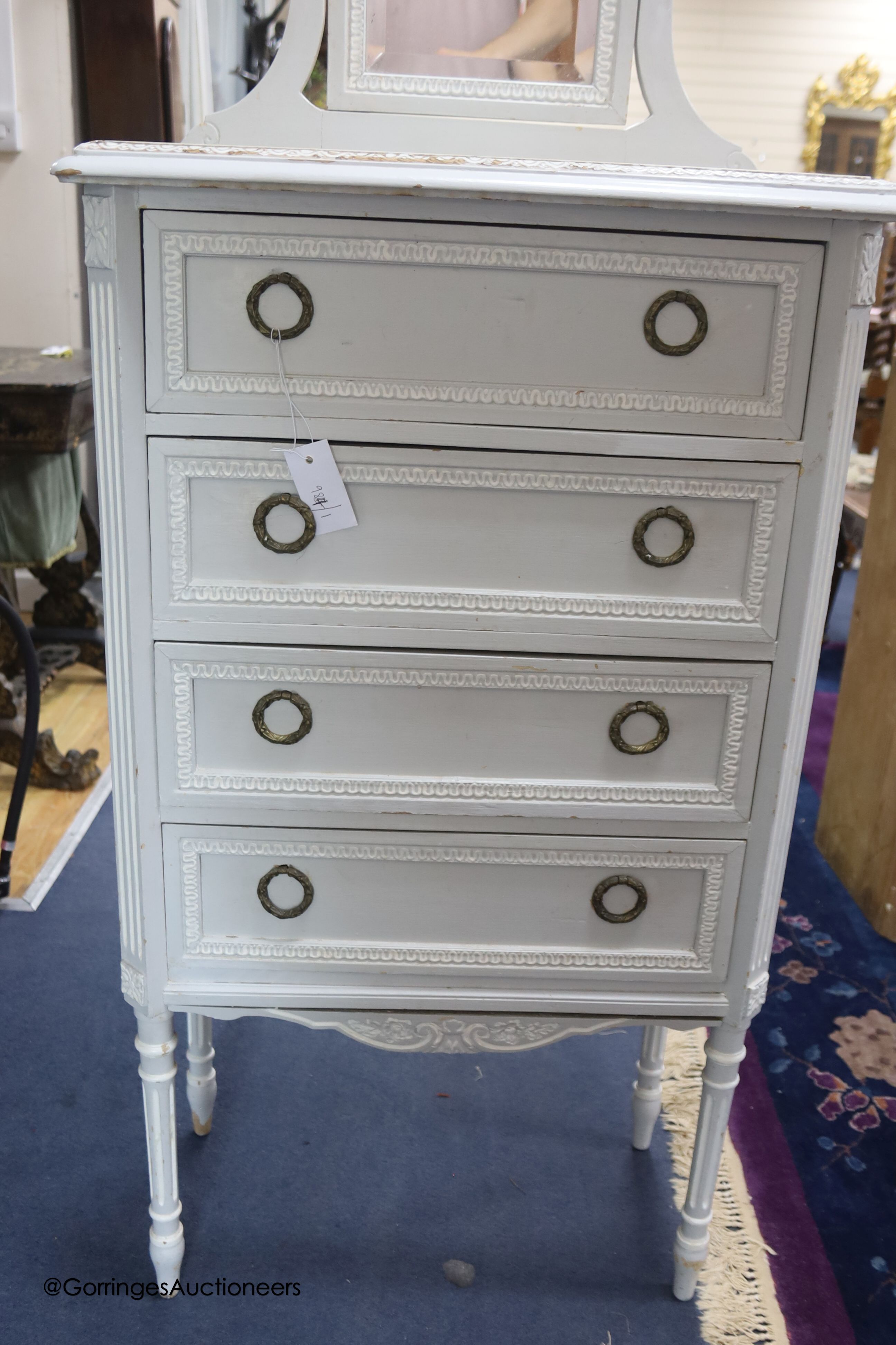 An early 20th century painted pine narrow marble topped dressing chest, width 60cm, depth 30cm, height 150cm